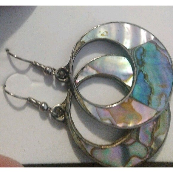 Vintage Alpaca Mexico Abalone Open Circle Sterling Silver Earrings - Picture 4 of 5